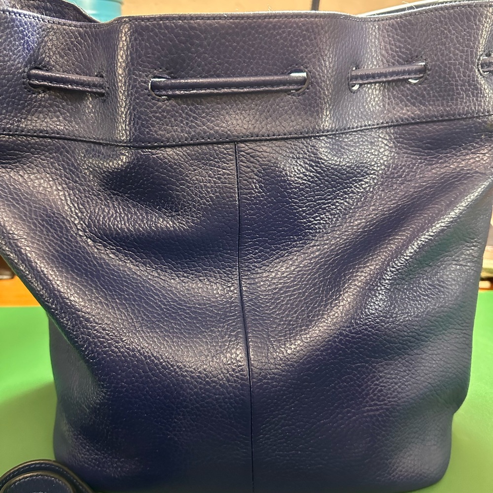 C Wonder Blue Pebbled Leather Drawstring Bucket Bag with Gold Logo - Picture 5 of 7